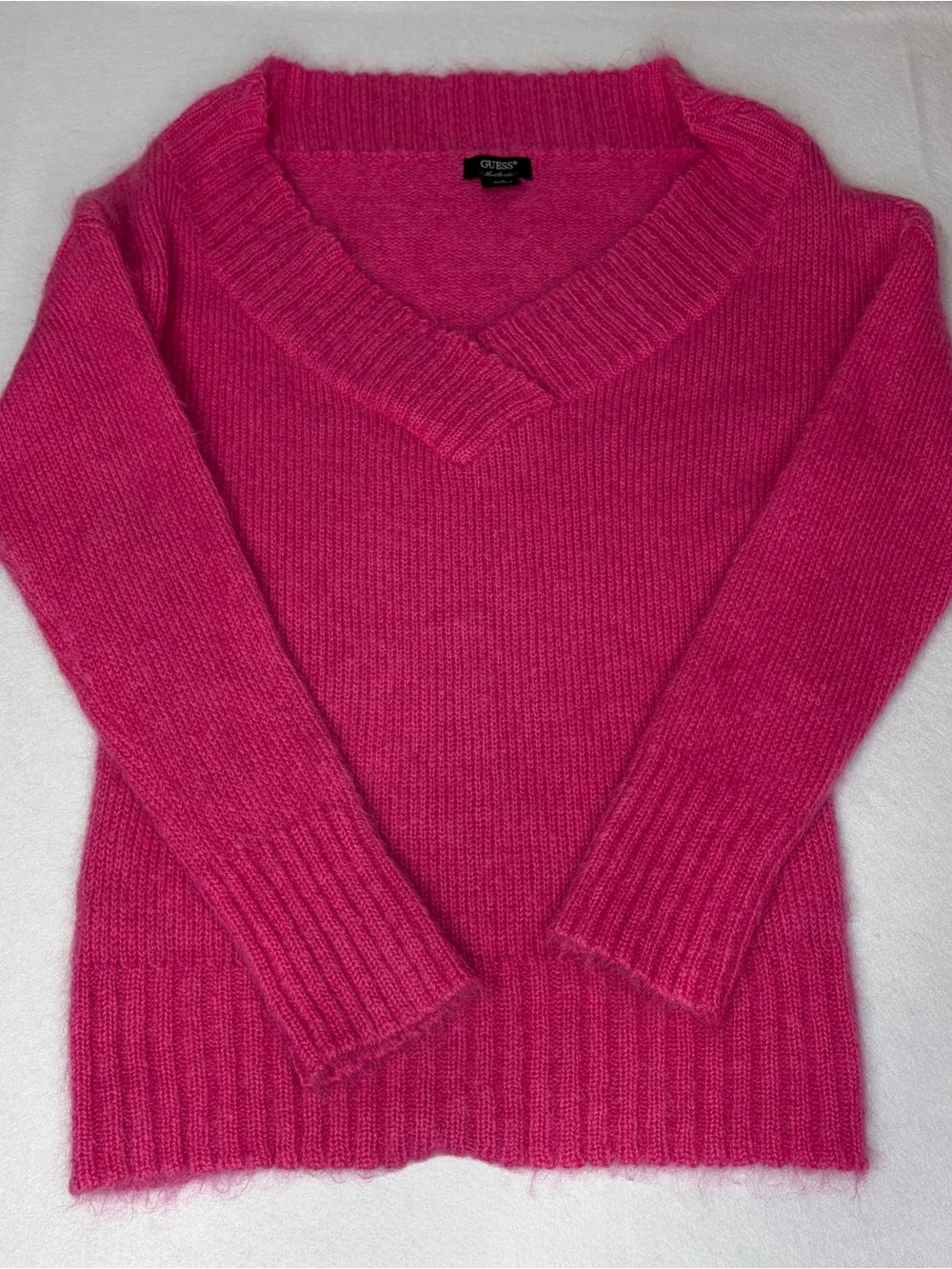 Vintage GUESS Hot Pink Mohair Wool Blend V-Neck Sweater M